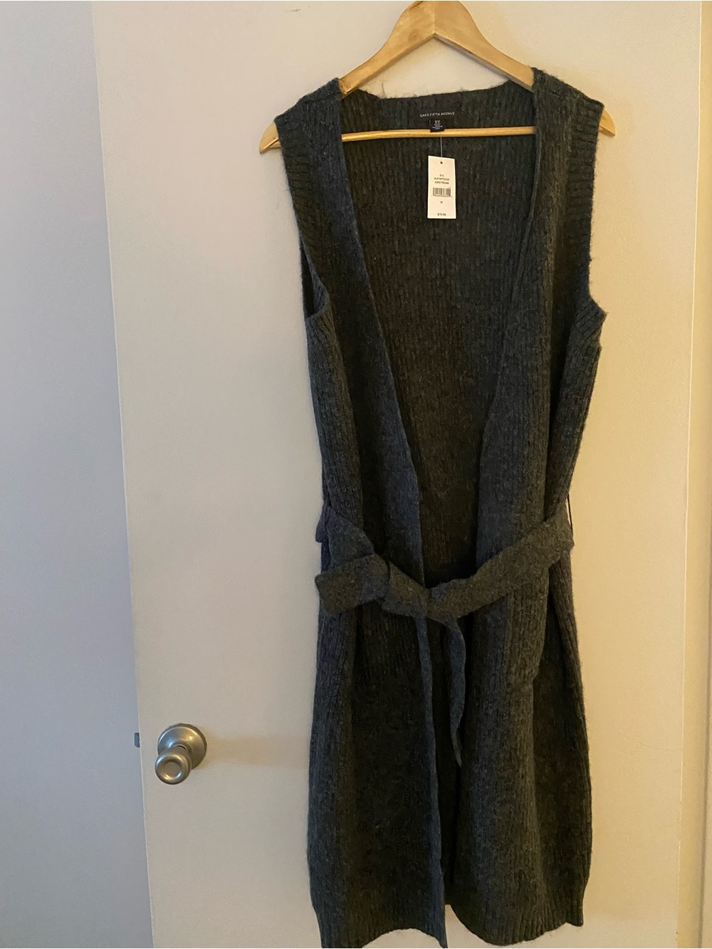 Saks Fifth Avenue Charcoal Sleeveless Knit Belted Long Vest Dress